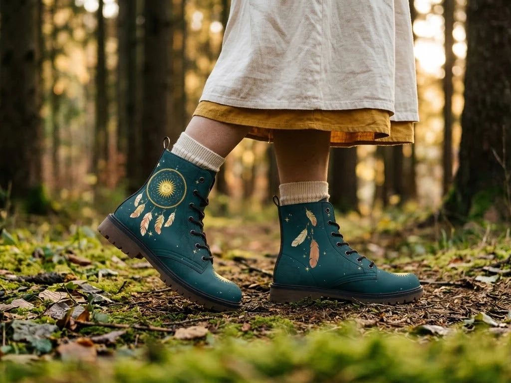 Teal dreamcatcher boots worn with cream socks, mid-step on a mossy forest path in low evening sun