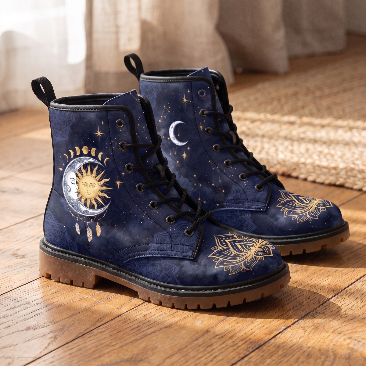 Celeste Leather Boots — styled indoors on a wood floor, celestial sun & moon design with dreamcatcher and constellations