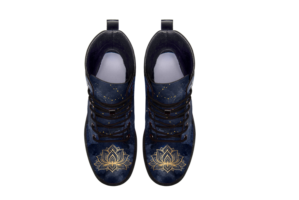 Celeste Leather Boots pair, top-down view showing the toe artwork, white background