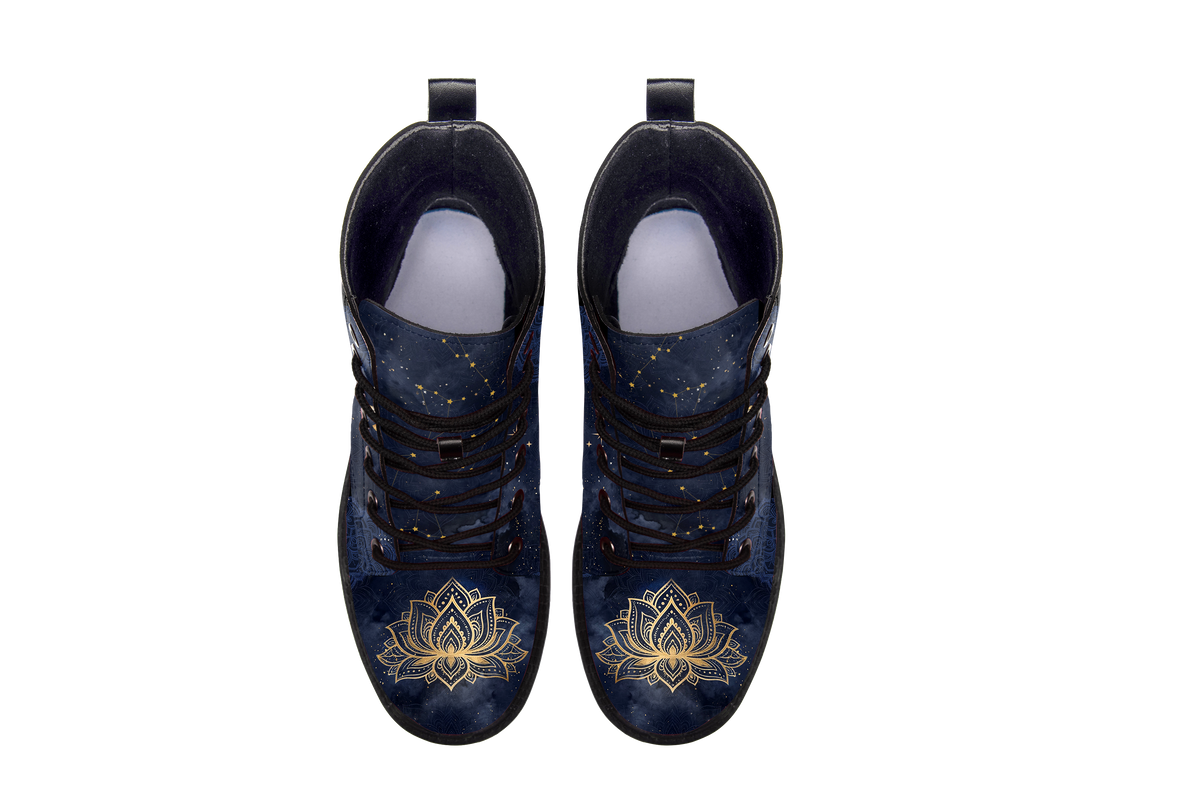 Celeste Leather Boots pair, top-down view showing the toe artwork, white background
