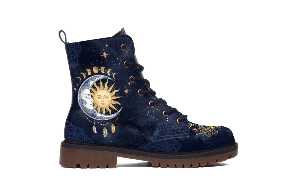 Celeste Leather Boots outer side of the left boot: silver crescent moon and golden sun with hanging feathers on navy night sky, gold lotus toe, white background
