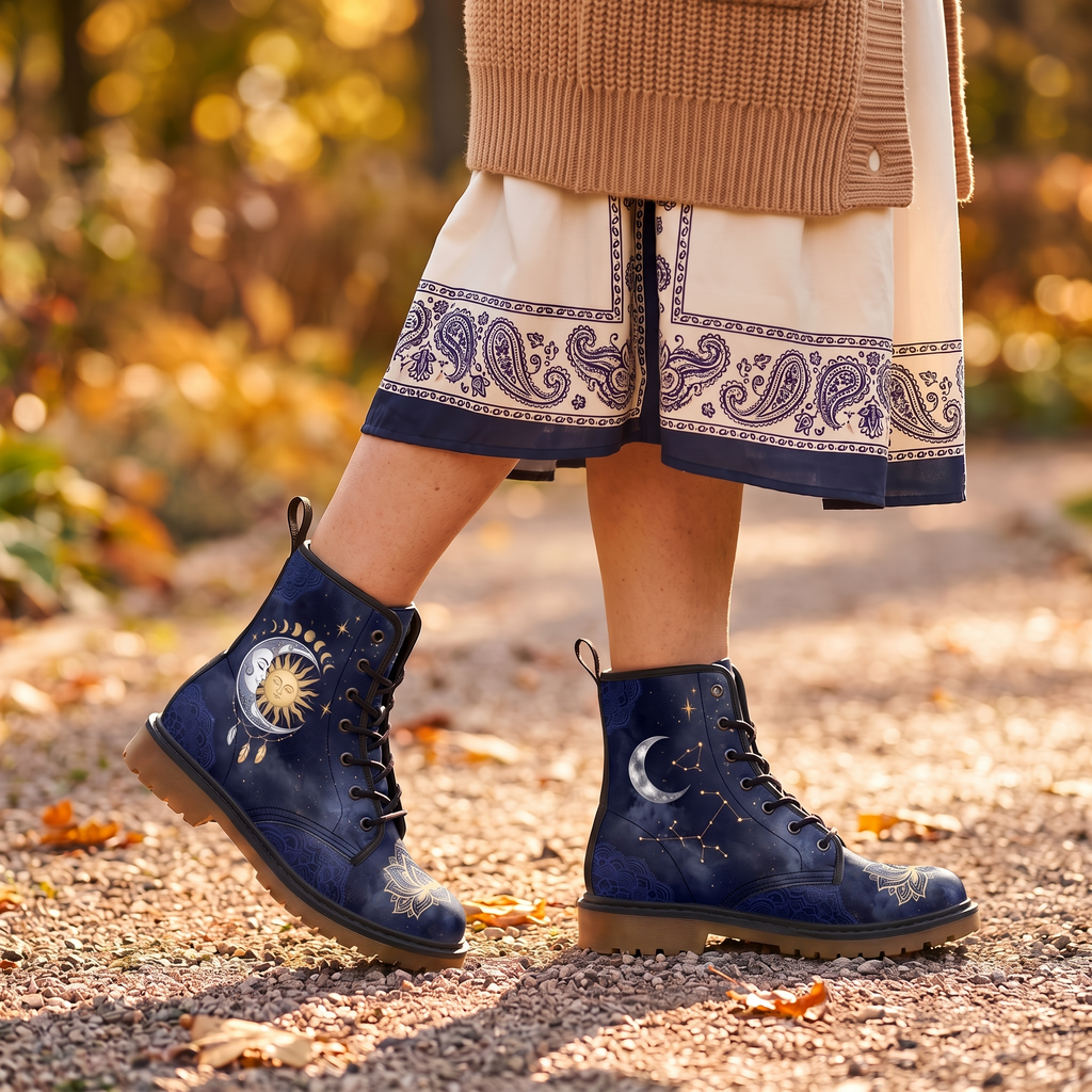 Celeste Leather Boots — worn on foot by a woman, showing the celestial sun & moon design with gold moon phases