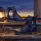 Celeste Leather Boots — outdoors in natural light, navy celestial sun & moon design with golden lotus at the toe