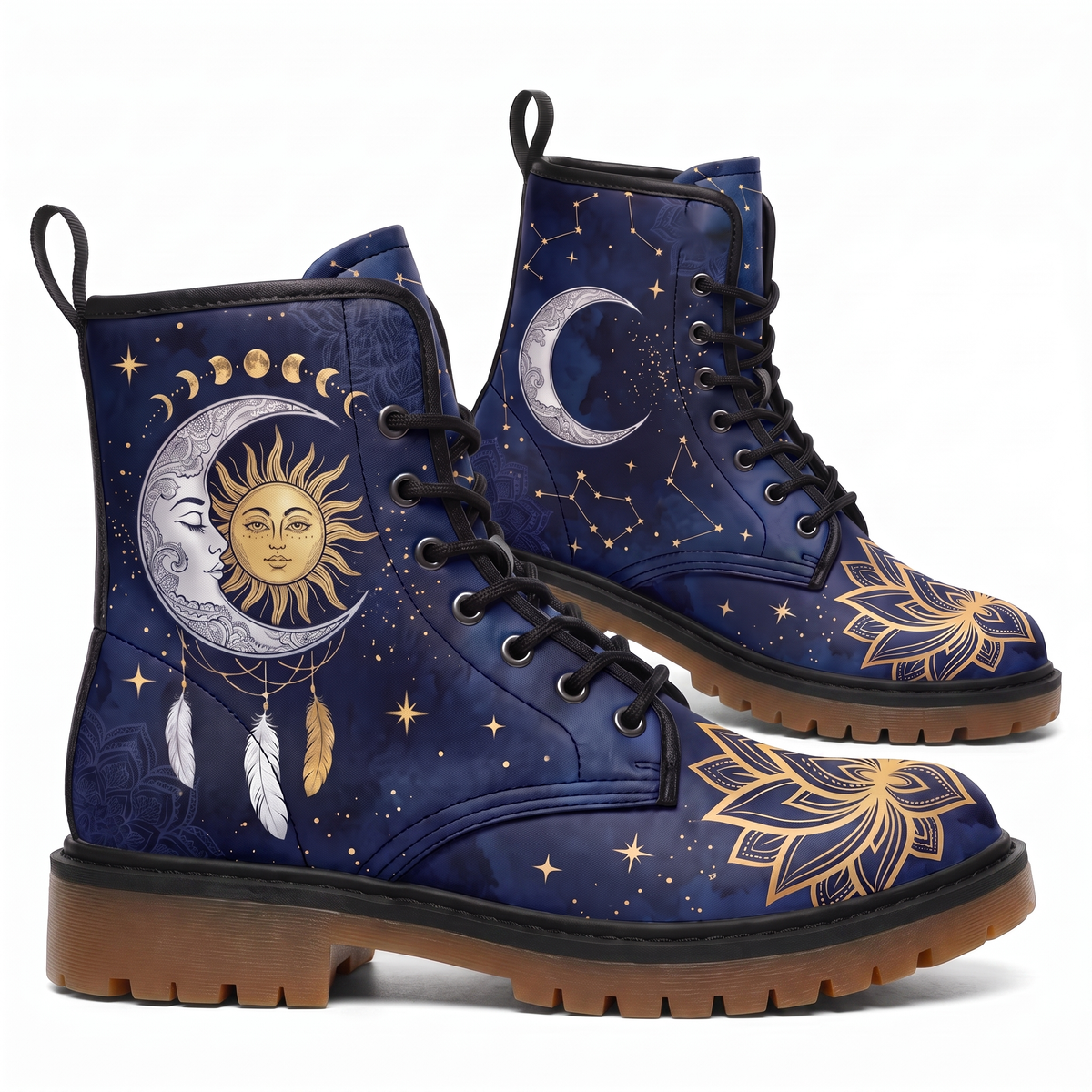 Celeste Leather Boots — pair shown from both sides on a white background, celestial sun & moon design in gold on navy
