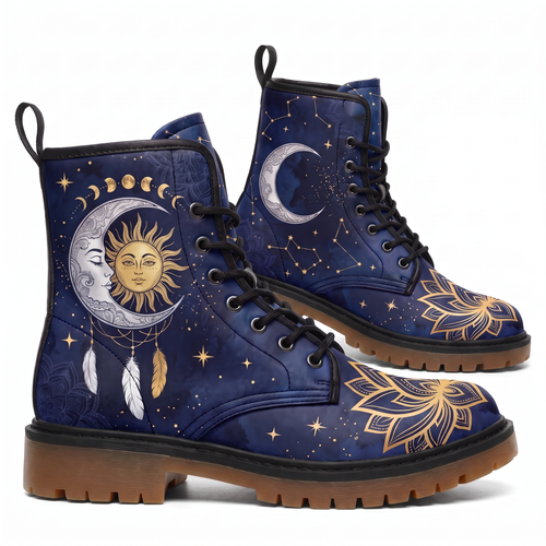 Celeste Leather Boots — pair shown from both sides on a white background, celestial sun & moon design in gold on navy