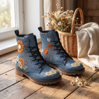Daisy Leather Boots — styled indoors on a wood floor beside a basket of dried flowers, a cluster of white daisies across each toe cap
