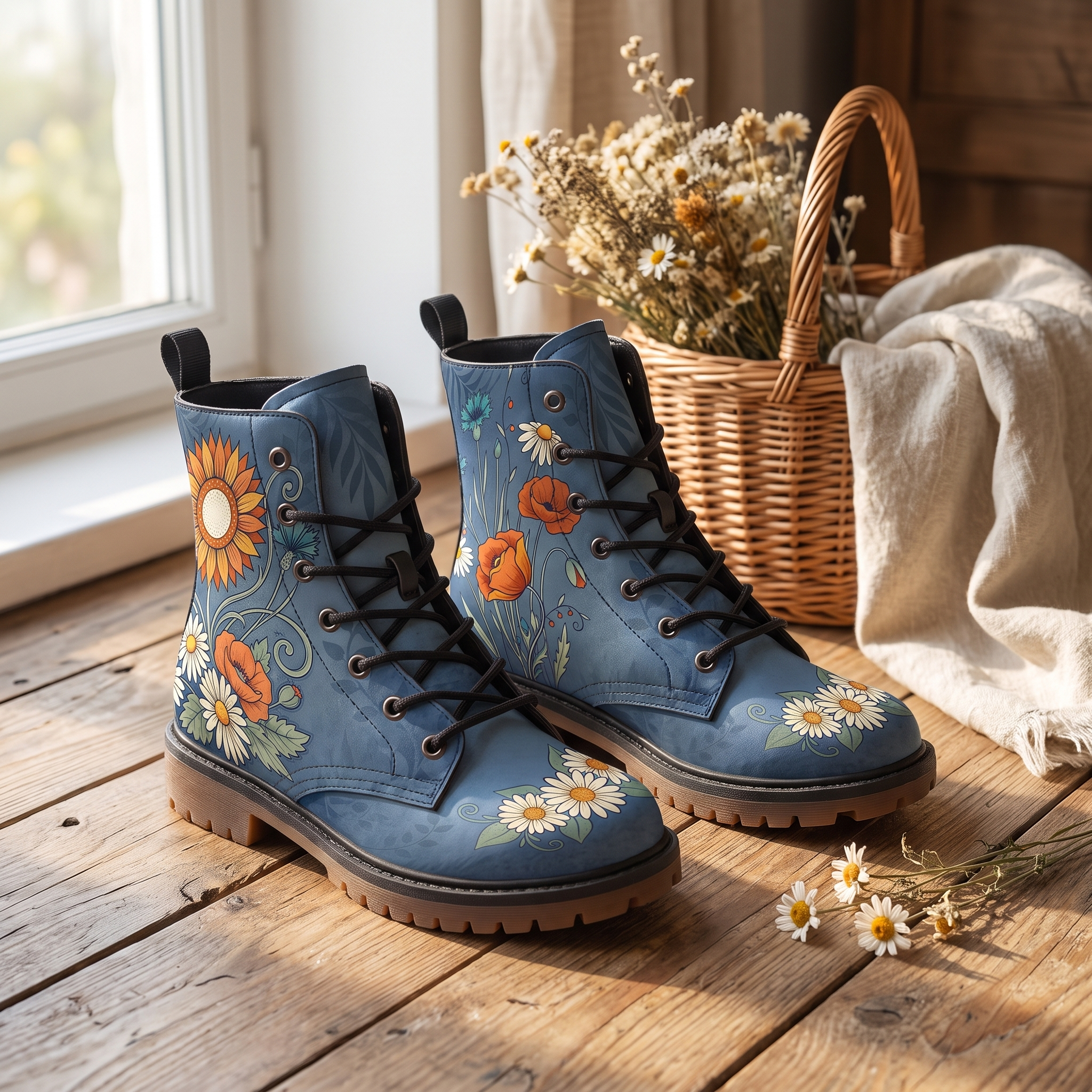 Daisy Leather Boots — styled indoors on a wood floor beside a basket of dried flowers, a cluster of white daisies across each toe cap