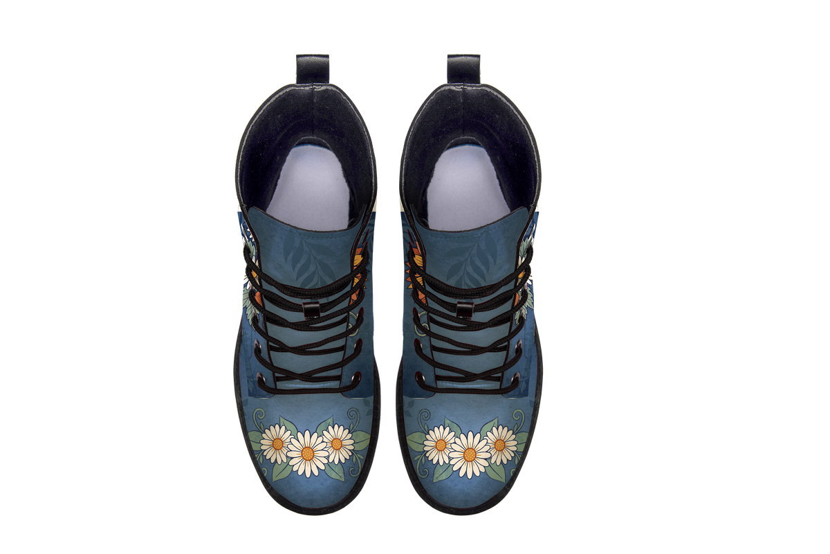 Daisy Leather Boots pair, top-down view showing the toe artwork, white background
