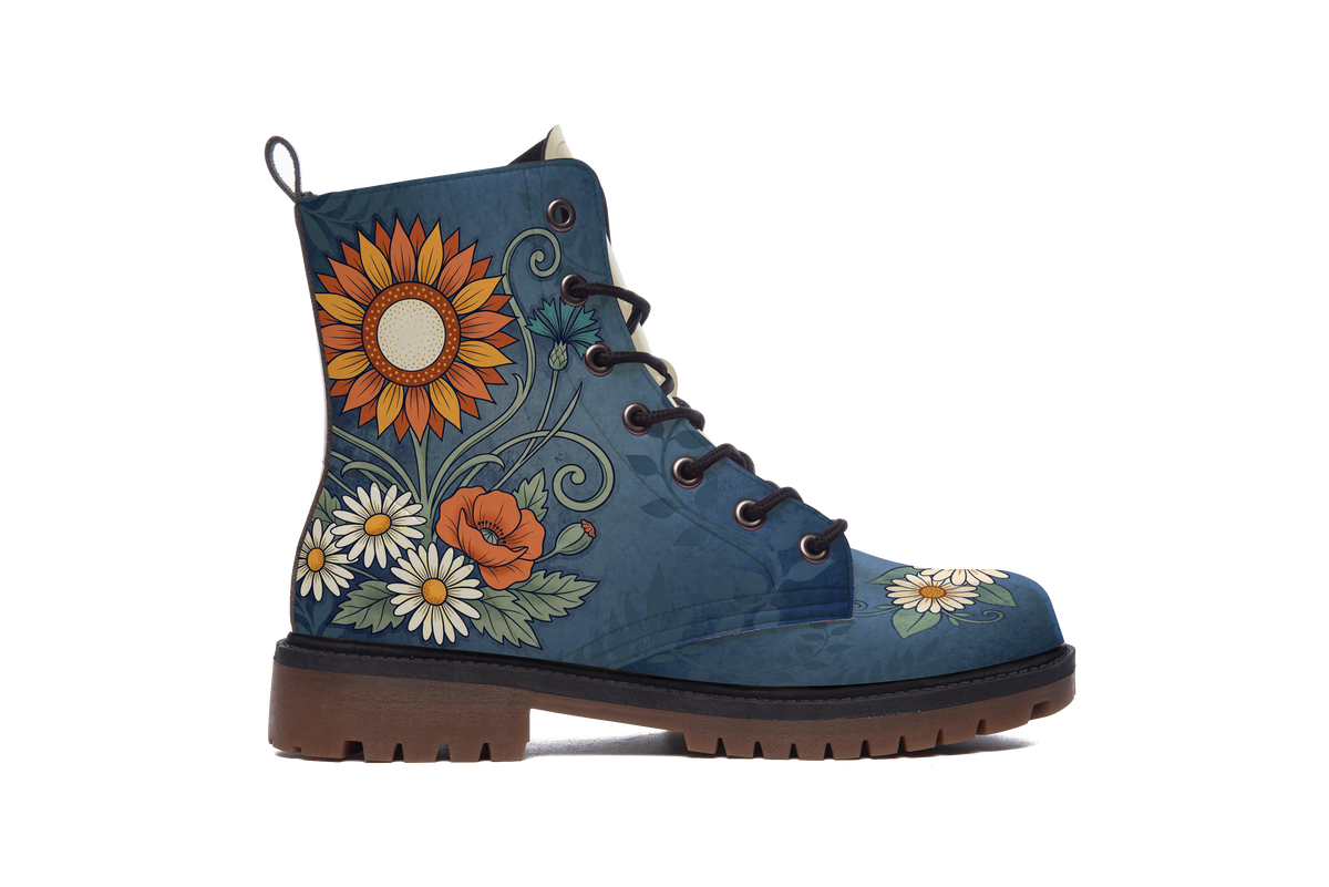 Daisy Leather Boots outer side of the left boot: orange sunflower, white daisies and red poppies on slate blue leather, white background