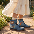 Daisy Leather Boots — worn by a woman on a sunlit garden path, sunflower and poppies on denim blue with cream slouch socks