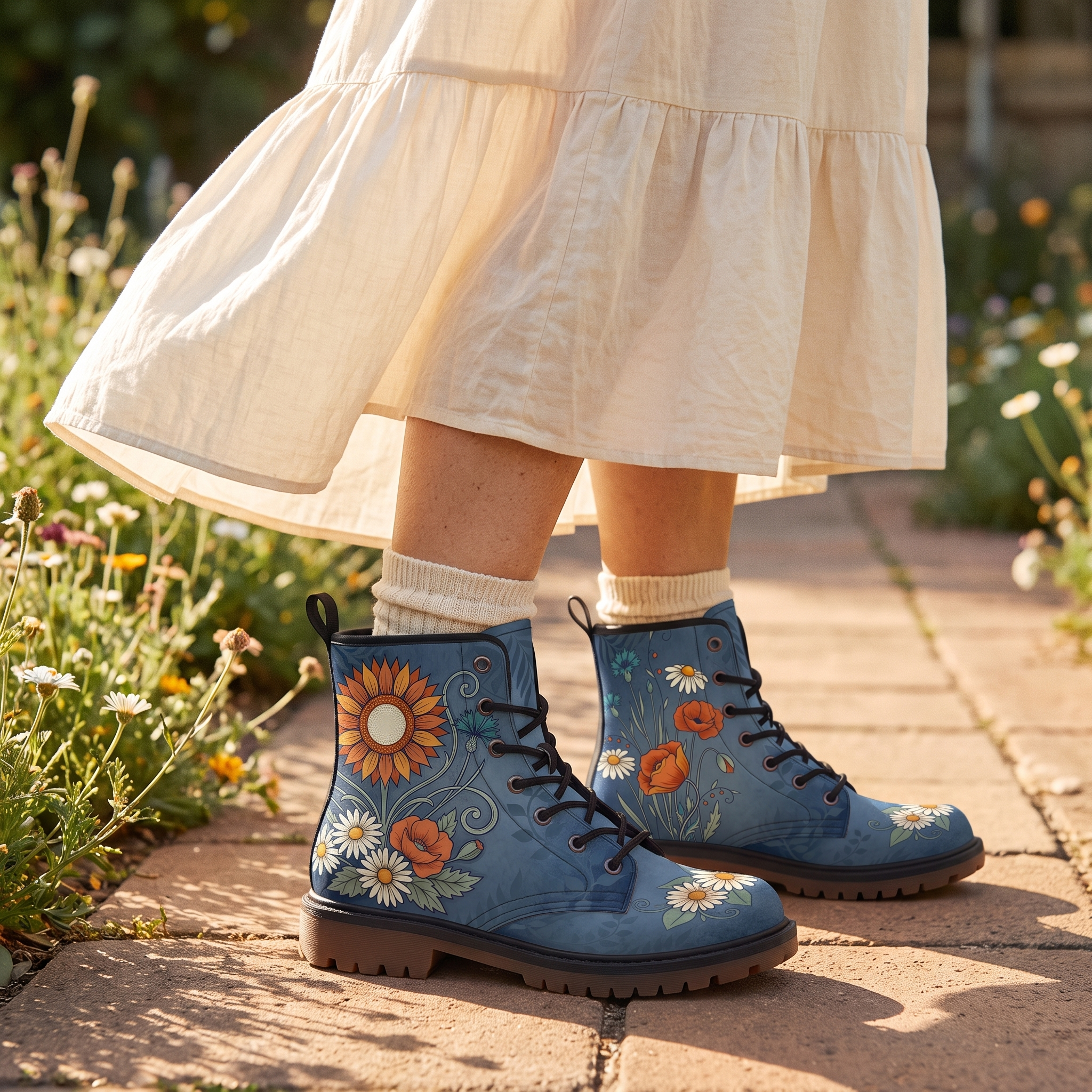 Daisy Leather Boots — worn by a woman on a sunlit garden path, sunflower and poppies on denim blue with cream slouch socks
