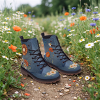 Daisy Leather Boots — standing on a dirt path through a wildflower meadow, denim blue upper on a gum-brown lug sole