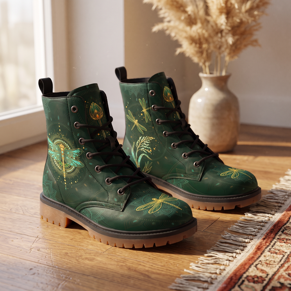 Esme Leather Boots — pair on a warm wood floor, gold dragonflies over deep emerald mandalas
