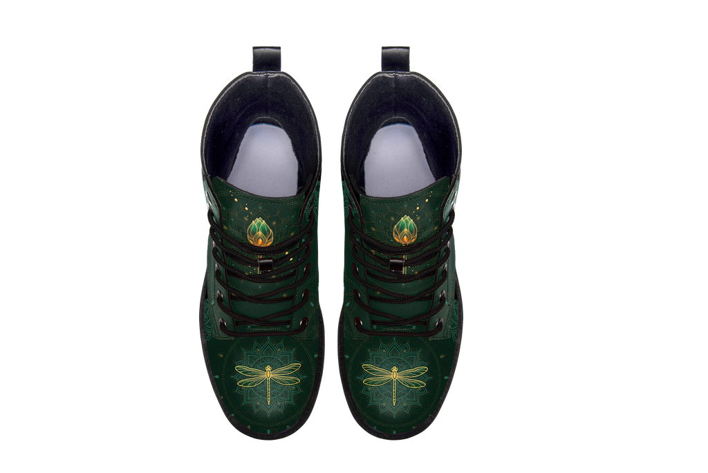 Esme Leather Boots pair, top-down view showing the toe artwork, white background