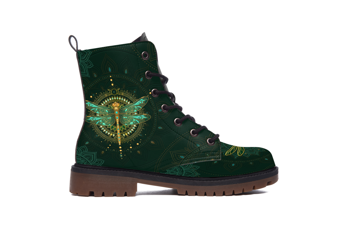 Esme Leather Boots outer side of the left boot: gold dragonfly and botanical line art on deep green leather, white background