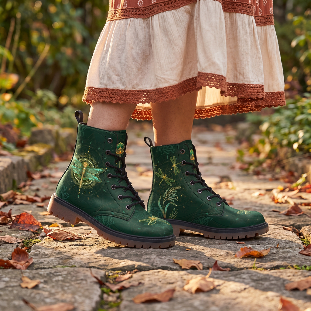 Esme Leather Boots — worn on a garden stone path with a boho skirt, emerald dragonfly design