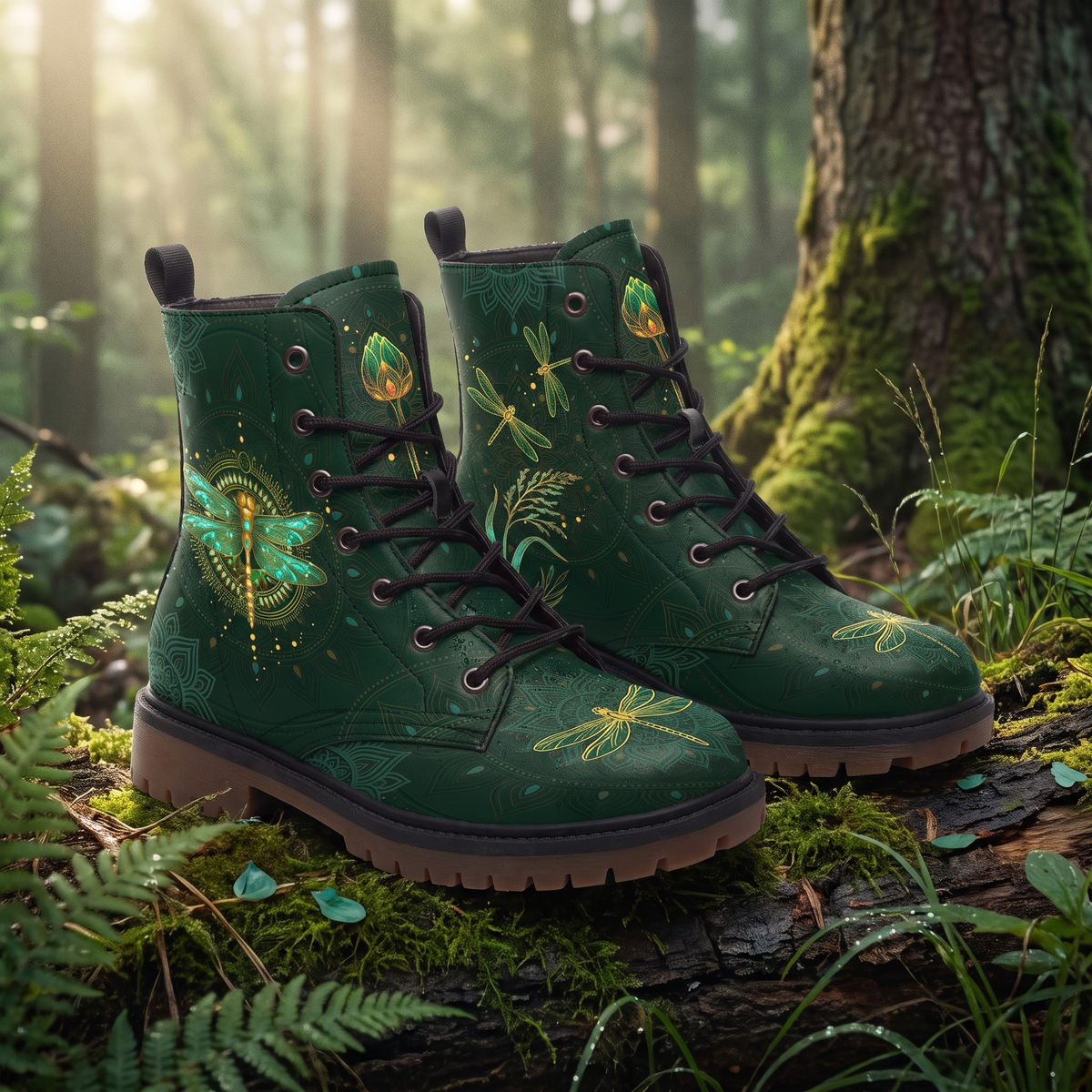 Esme Leather Boots — pair on a mossy forest log, turquoise and gold dragonfly design