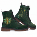 Esme Leather Boots — pair on white background, jeweled turquoise dragonfly on emerald mandala print