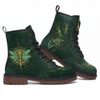 Esme Leather Boots — pair on white background, jeweled turquoise dragonfly on emerald mandala print