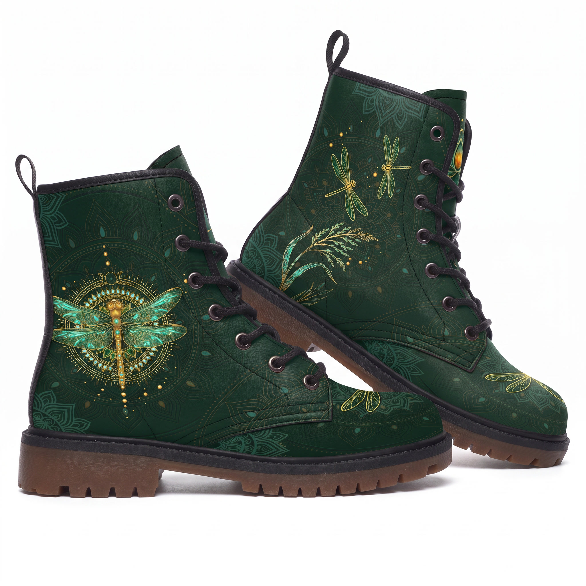 Esme Leather Boots — pair on white background, jeweled turquoise dragonfly on emerald mandala print