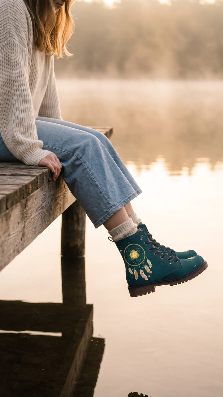 A deep teal lace-up leather boot printed with a gold sun-face dreamcatcher and five hanging feathers, worn with cream socks and light-wash jeans on a wooden dock over a misty lake at golden hour