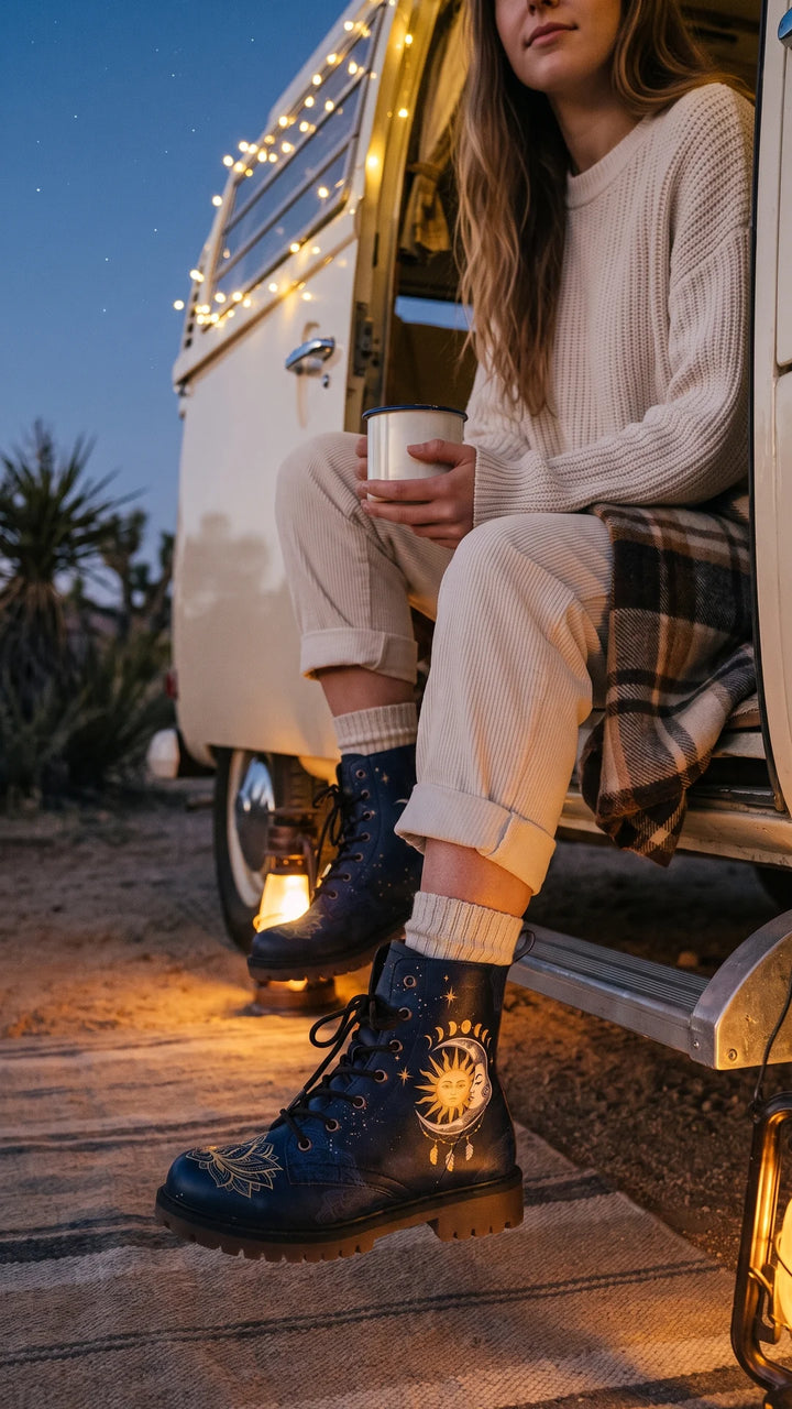 A navy lace-up leather boot printed with a gold sun and silver crescent moon, moon phases and a feathered dreamcatcher, lit by lantern light on the step of a vintage camper van at blue hour