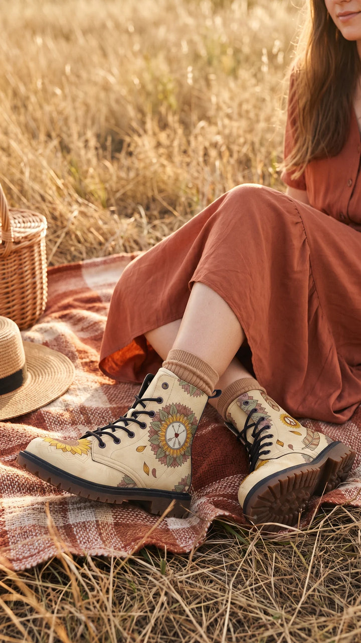 A cream lace-up leather boot printed with an earth-tone sunflower mandala with three arrows and a heart at its centre, worn with a terracotta dress on a woven blanket in a golden meadow