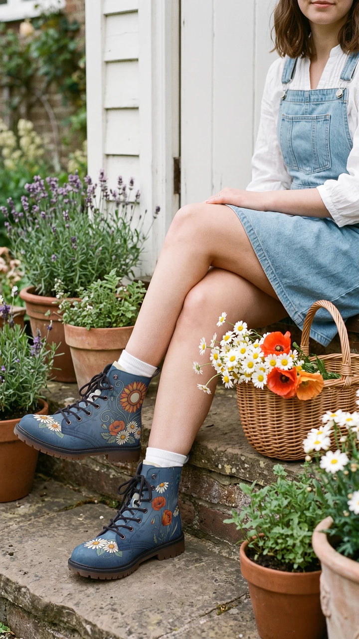 A denim blue lace-up leather boot printed with a sunflower, orange poppies and white daisies, worn with a denim pinafore on the stone step of a cottage garden beside a basket of fresh flowers