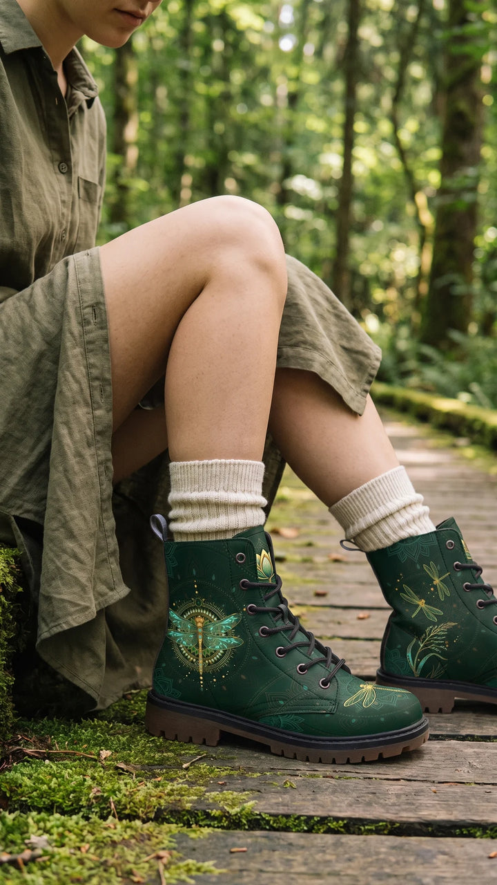 An emerald green lace-up leather boot printed with a jewelled dragonfly on a gold medallion, worn with cream socks and an olive linen dress on a mossy forest boardwalk
