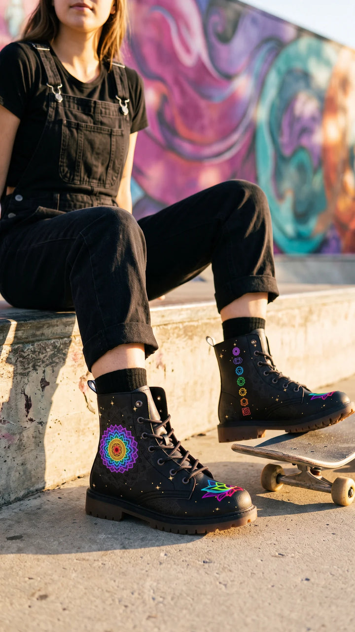 A black lace-up leather boot printed with a neon rainbow mandala and small stars, worn with black overalls beside a skateboard in front of a colourful mural at a skatepark