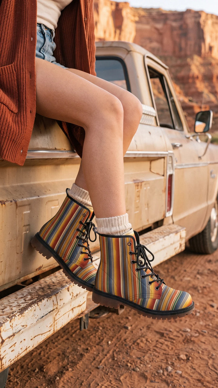 A serape-striped lace-up leather boot in brick red, mustard, teal and cream, worn with cream socks and denim shorts on the tailgate of a vintage pickup in red rock desert light