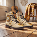 Joni Leather Boots on a plank wood floor beside an acoustic guitar and a mustard fringed throw, sunflower mandala on one boot, feathers on the other