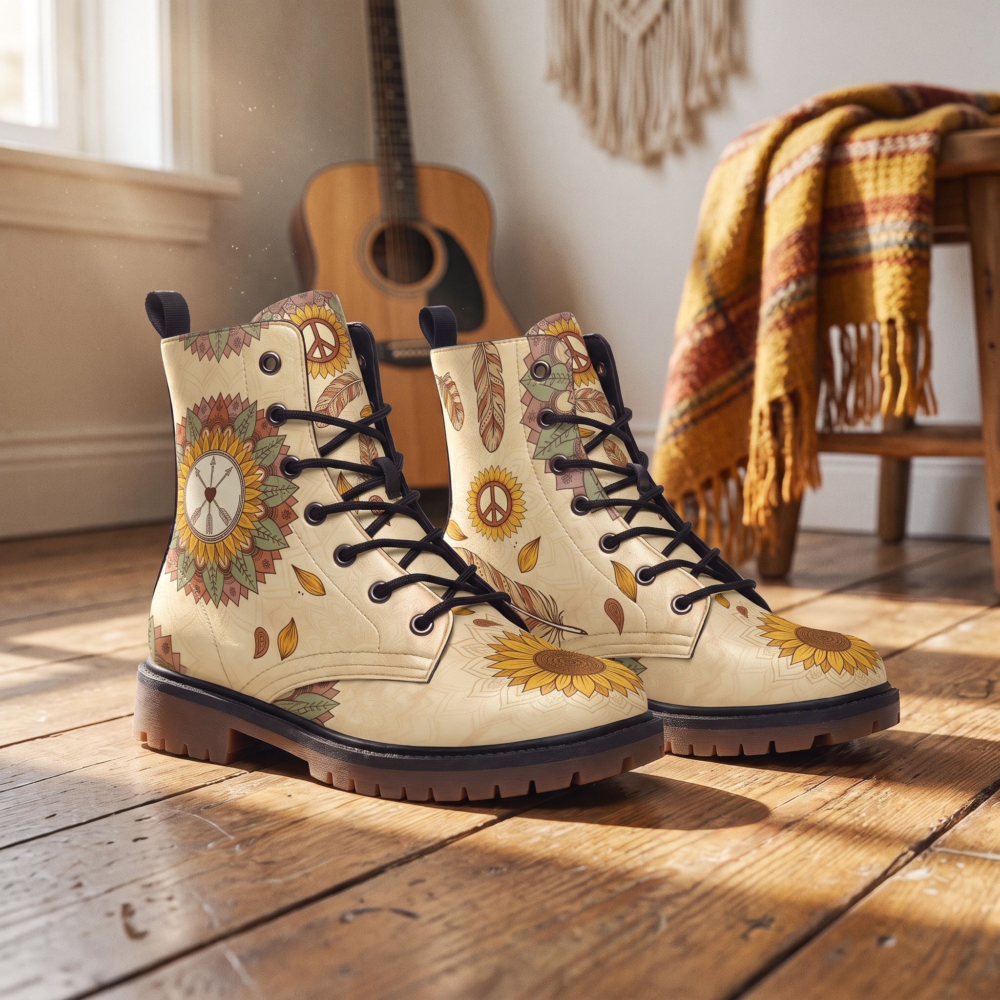 Joni Leather Boots on a plank wood floor beside an acoustic guitar and a mustard fringed throw, sunflower mandala on one boot, feathers on the other