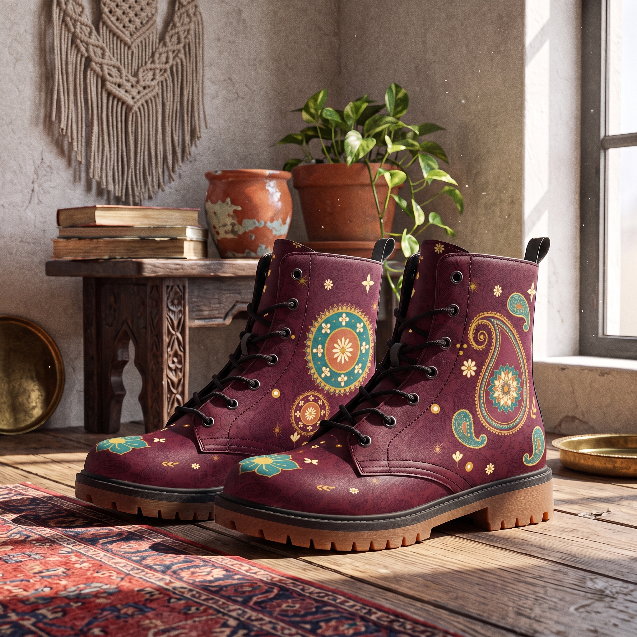 Paisley Leather Boots — set on a sunlit wooden floor in front of a macrame wall hanging, stacked old books and a trailing pothos in terracotta, one teal flower with a gold centre across each toe cap