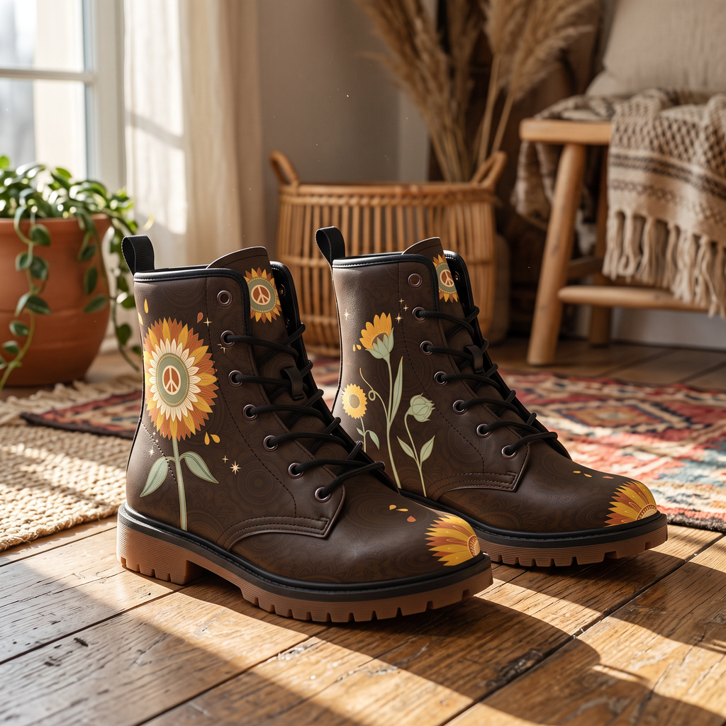 Sunny Leather Boots — standing on warm wooden boards beside a rattan basket of pampas grass, a fringed throw and a potted pothos, half a sunflower rising across each toe cap