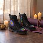 Iris Leather Boots — on a dark wood floor by a sunlit linen curtain with lit candles, a brass singing bowl and wooden mala beads, rainbow mandala and chakra column on black