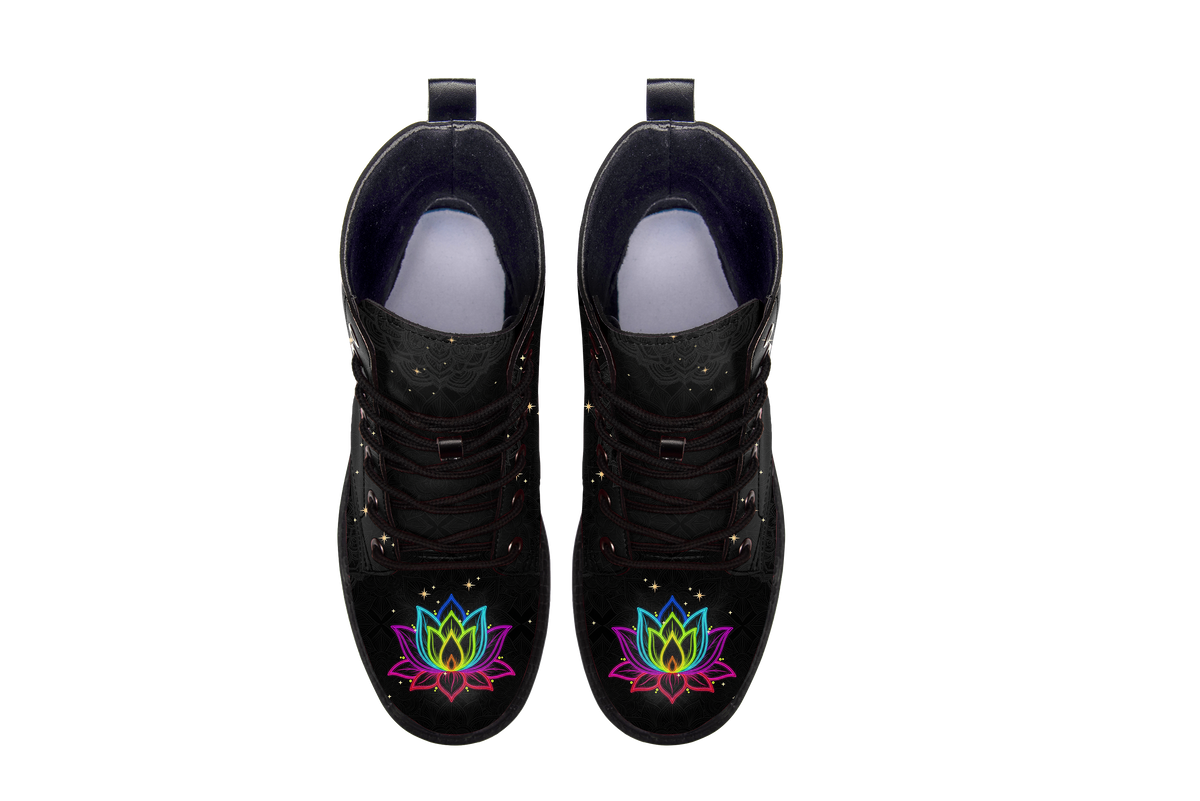 Iris Leather Boots pair, top-down view showing the toe artwork, white background