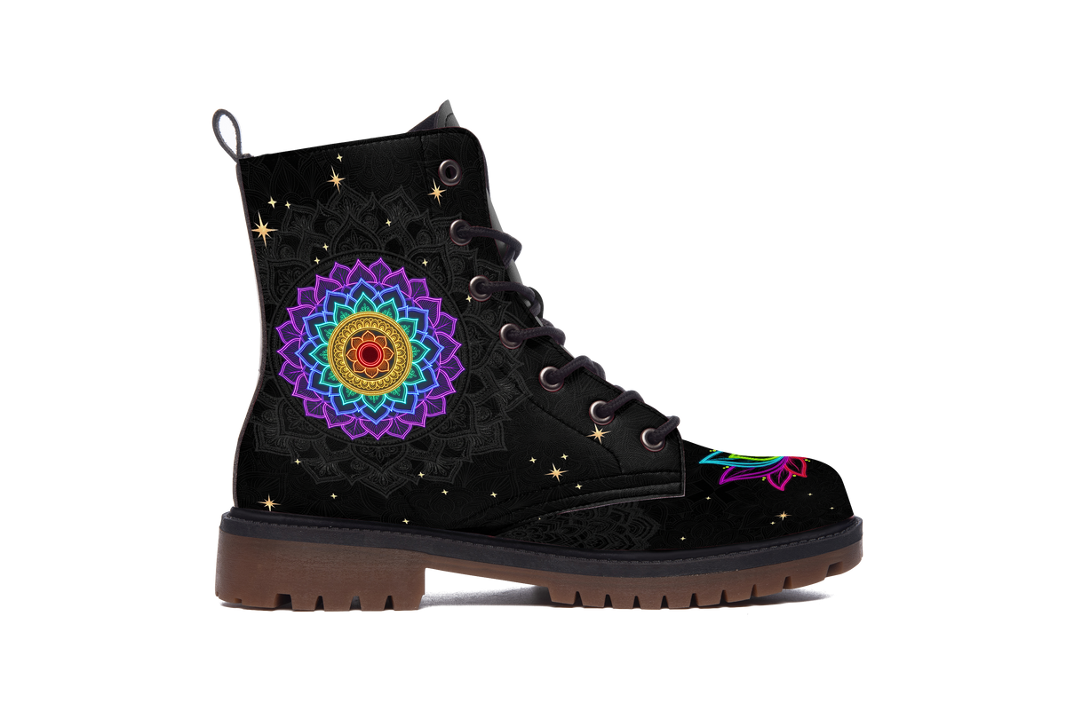 Iris Leather Boots outer side of the left boot: rainbow chakra mandala on black leather, white background