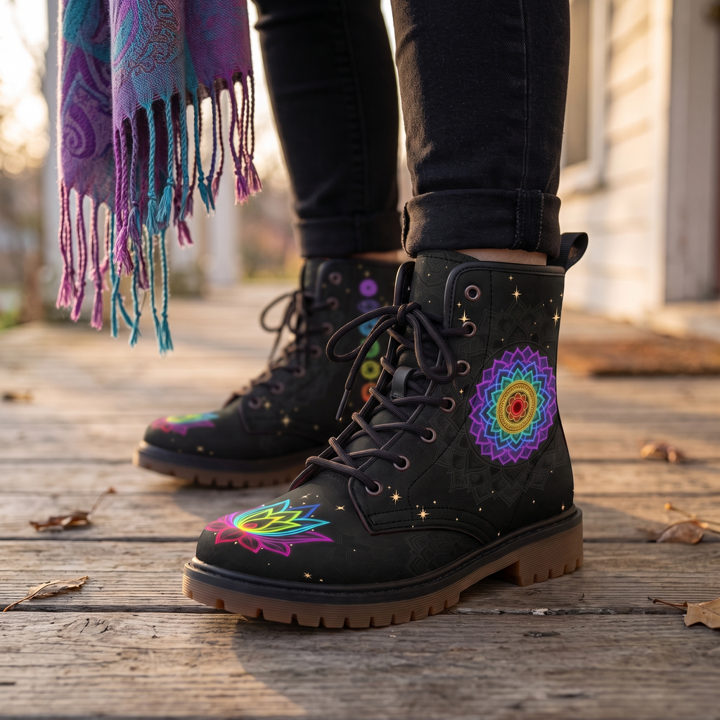 Iris Leather Boots — worn on a sunlit weathered wooden porch beside a fringed violet and teal shawl, neon rainbow mandala on one boot and a neon lotus across the toe on black