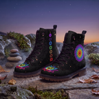 Iris Leather Boots — on a stone ledge at dusk beside a small cairn of river pebbles and mossy rock, a neon lotus across each toe cap on a chunky brown tread