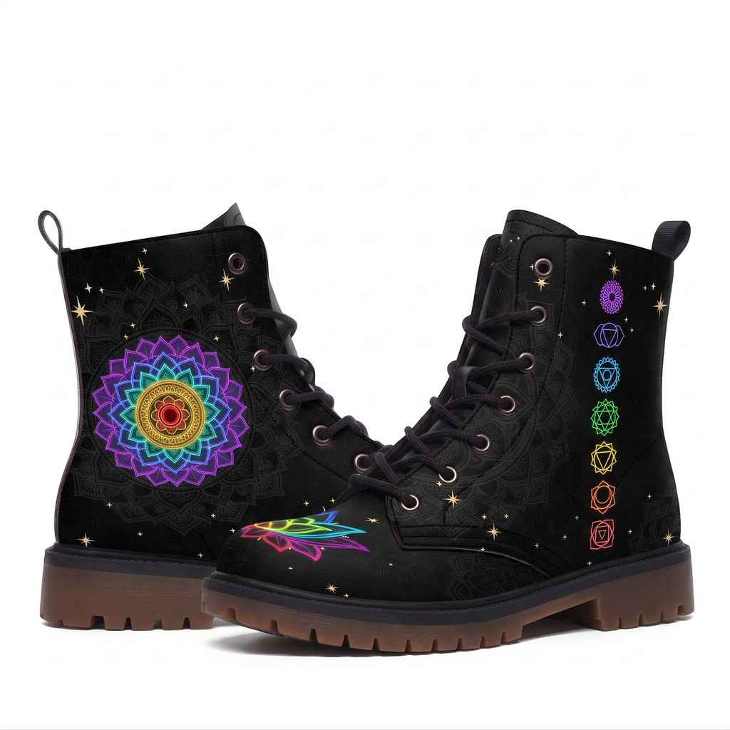 Iris Leather Boots — both sides against plain white, a neon rainbow mandala on one boot and a column of seven chakra symbols on the other, black upper