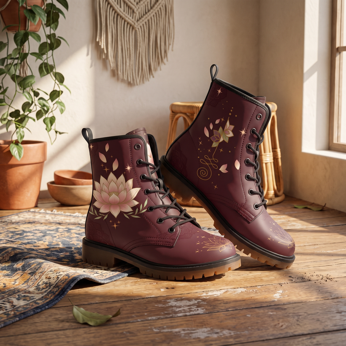 Lotus Leather Boots — placed on wooden boards in low window light near a macrame hanging, a terracotta pot of pothos and a patterned rug, gold line-art lotus drawn on both toe caps