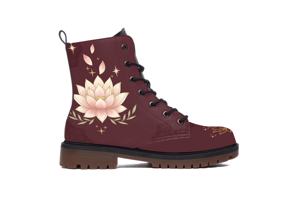 Lotus Leather Boots outer side of the left boot: soft pink lotus flower with drifting petals on burgundy leather, white background