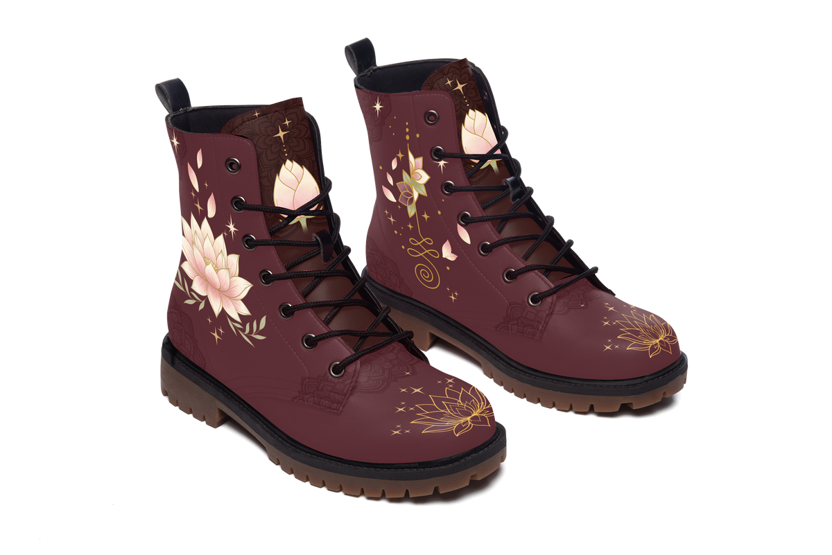 Lotus Leather Boots pair, raised three-quarter view, white background