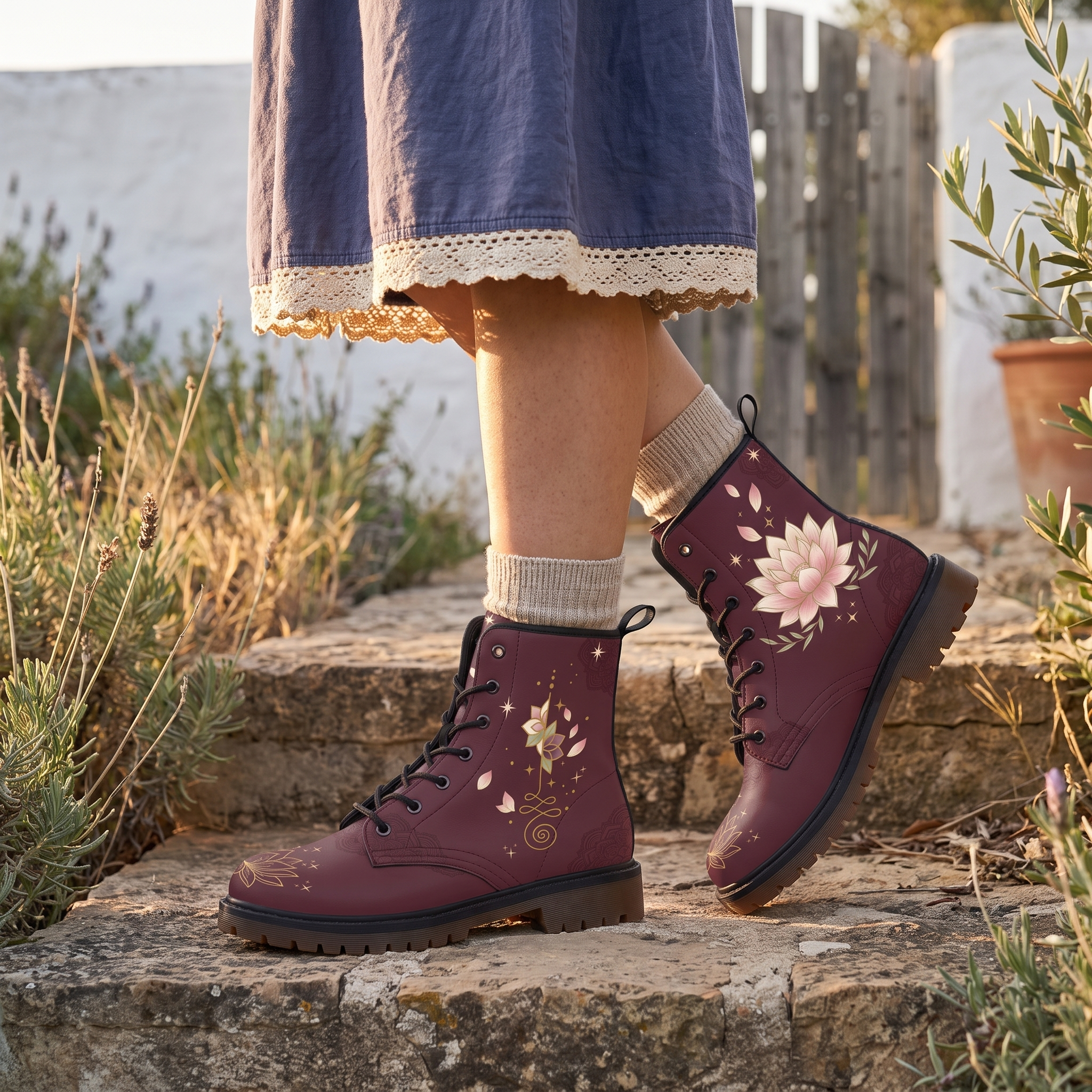 Lotus Leather Boots — laced on and standing among lavender on a stone step, cream socks and a navy lace-hem skirt above them, an olive branch to the side, open lotus and gold unalome on wine