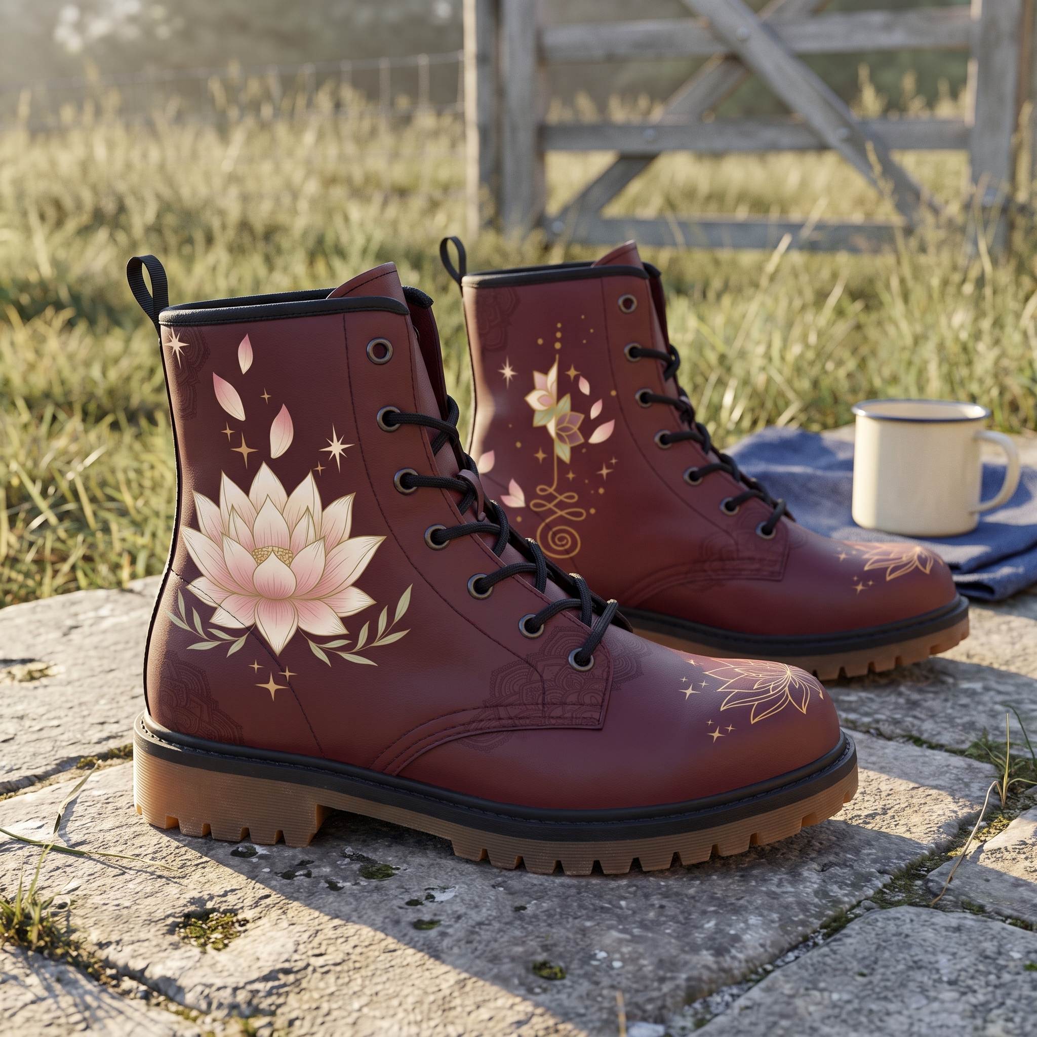 Lotus Leather Boots — resting on a stone slab in a grassy field by a wooden gate, an enamel mug on blue cloth alongside, lotus and unalome in gold over wine, black midsole band and brown lugs
