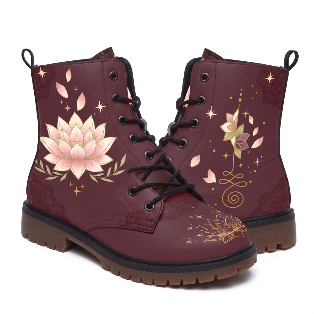 Lotus Leather Boots — studio shot on white with both faces visible, a large cream and blush lotus flanked by sage leaf sprays on one boot, a smaller lotus standing on a gold unalome on the other, deep wine upper