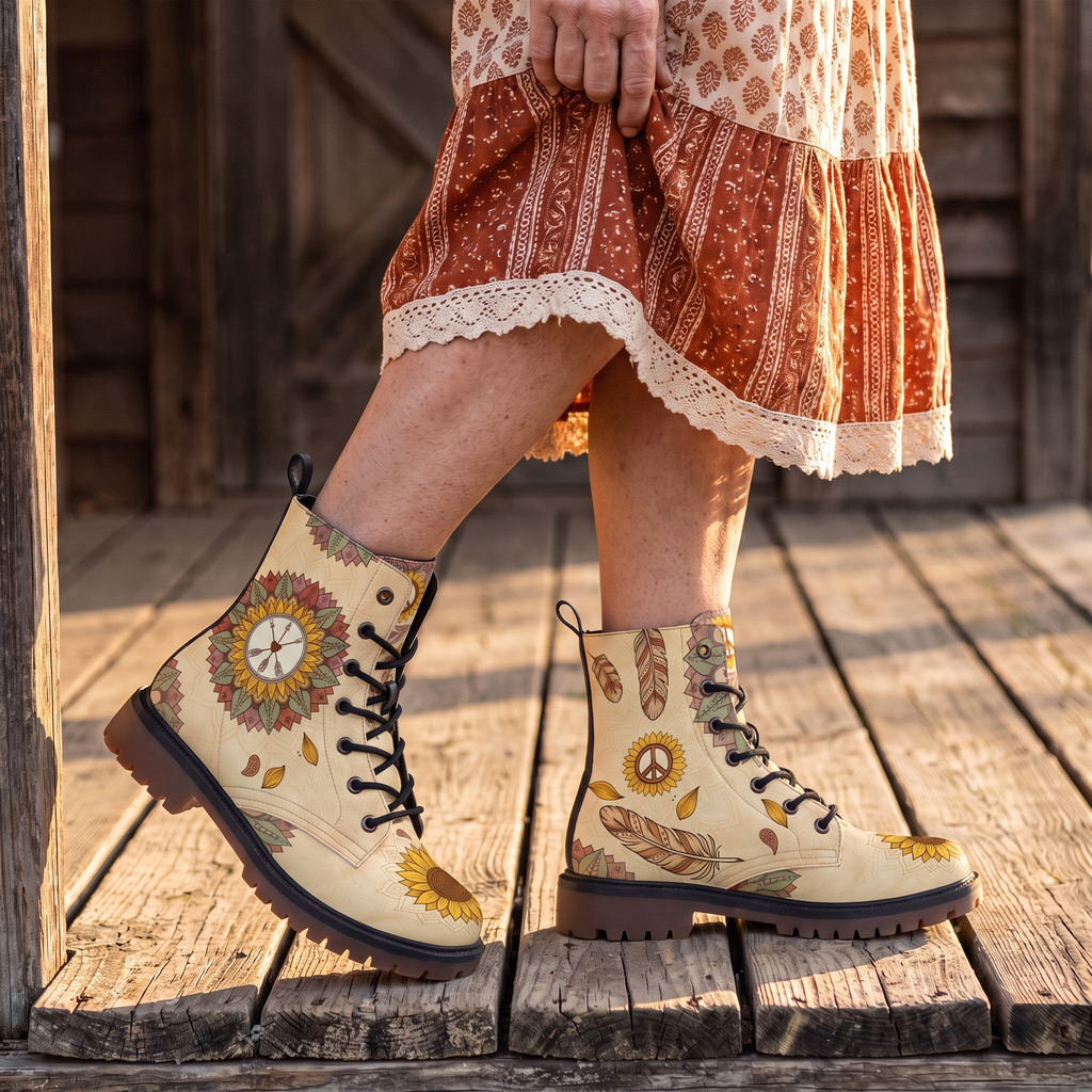 Joni Leather Boots worn on a weathered wooden porch in low sun with a rust boho tiered dress, cream uppers printed with sunflower mandala and feathers