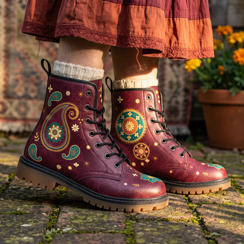 Paisley Leather Boots — worn with cream ribbed socks under a rust tiered skirt on a mossy brick path, a terracotta pot of marigolds behind, boteh on one boot and medallion on the other