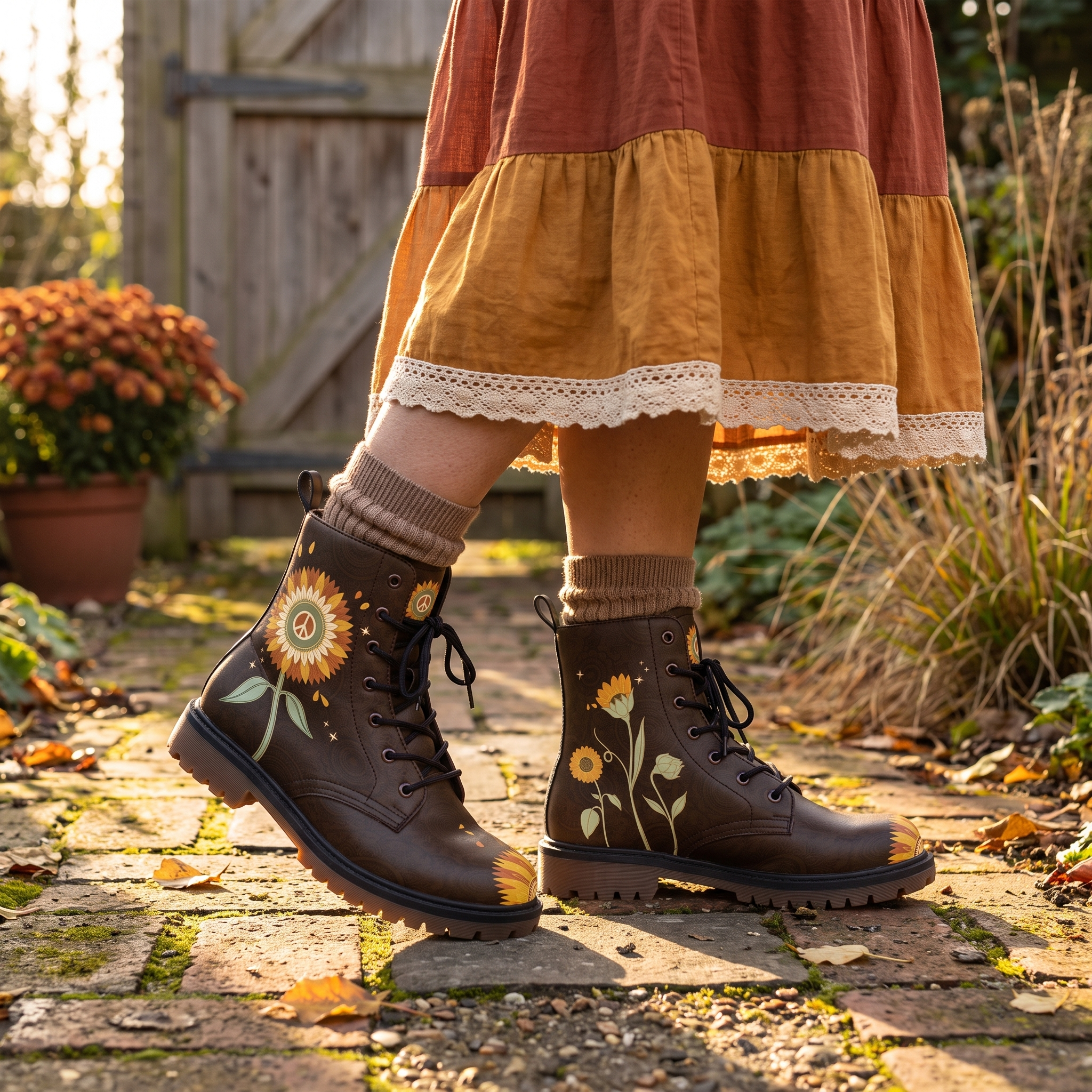 Sunny Leather Boots — on the feet in slouched oatmeal socks below a rust and mustard tiered skirt, on a brick path by a garden gate, sunflower with a peace-sign centre on dark brown